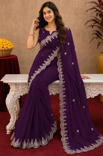 wine soft shimmer chiffon embroidery work designer saree with unstitched blouse piece
