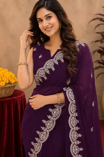 wine soft shimmer chiffon embroidery work designer saree with unstitched blouse piece