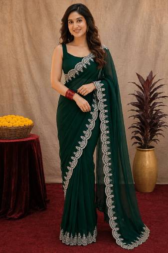green soft shimmer chiffon embroidery work designer saree with unstitched blouse piece