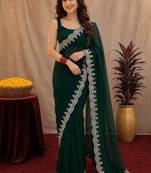 green soft shimmer chiffon embroidery work designer saree with unstitched blouse piece