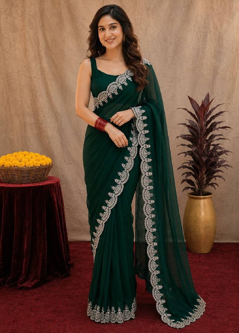 green soft shimmer chiffon embroidery work designer saree with unstitched blouse piece