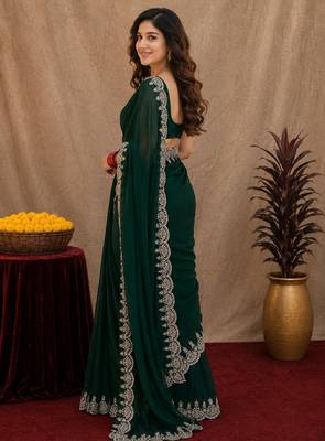 green soft shimmer chiffon embroidery work designer saree with unstitched blouse piece 2