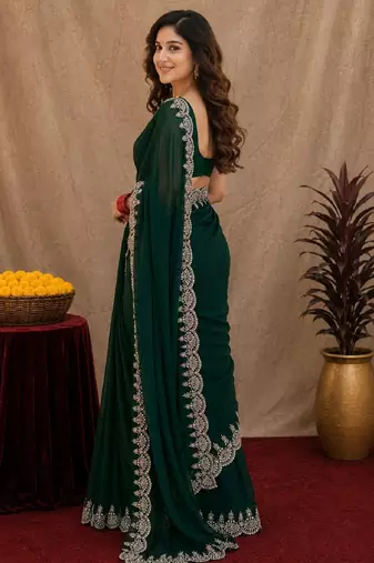 green soft shimmer chiffon embroidery work designer saree with unstitched blouse piece