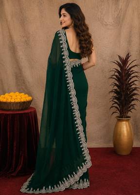 green soft shimmer chiffon embroidery work designer saree with unstitched blouse piece 3