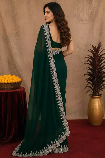 green soft shimmer chiffon embroidery work designer saree with unstitched blouse piece