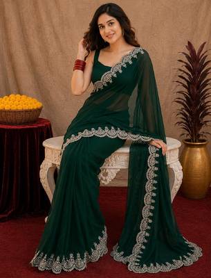 green soft shimmer chiffon embroidery work designer saree with unstitched blouse piece 4