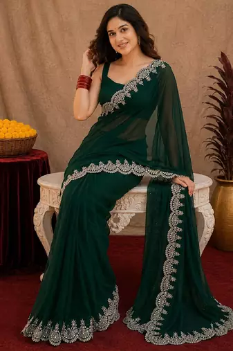 green soft shimmer chiffon embroidery work designer saree with unstitched blouse piece