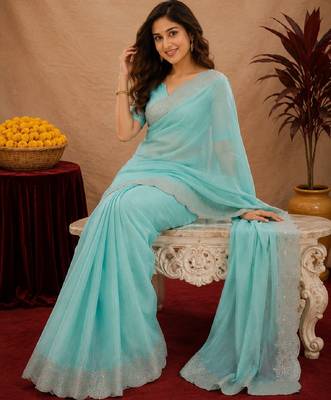 sky blue soft shimmer chiffon embroidery work designer saree with unstitched blouse piece 1