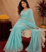sky blue soft shimmer chiffon embroidery work designer saree with unstitched blouse piece