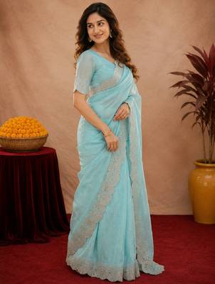 sky blue soft shimmer chiffon embroidery work designer saree with unstitched blouse piece 2