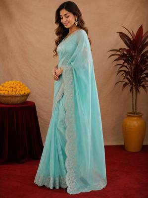 sky blue soft shimmer chiffon embroidery work designer saree with unstitched blouse piece 3