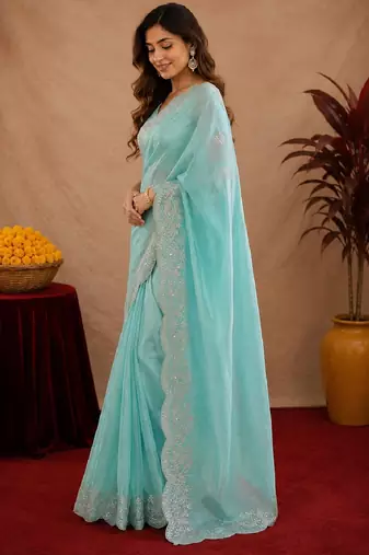 sky blue soft shimmer chiffon embroidery work designer saree with unstitched blouse piece