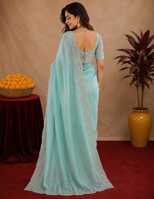sky blue soft shimmer chiffon embroidery work designer saree with unstitched blouse piece 4