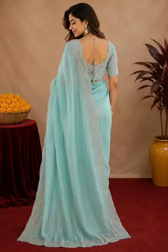 sky blue soft shimmer chiffon embroidery work designer saree with unstitched blouse piece