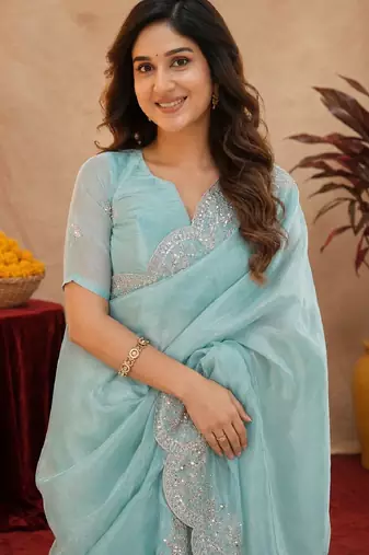 sky blue soft shimmer chiffon embroidery work designer saree with unstitched blouse piece