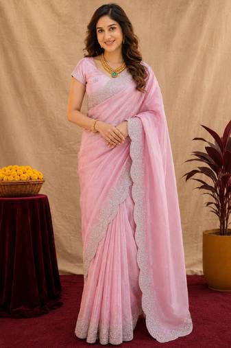baby pink soft shimmer chiffon embroidery work designer saree with unstitched blouse piece