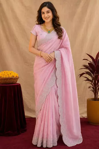 baby pink soft shimmer chiffon embroidery work designer saree with unstitched blouse piece