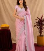 baby pink soft shimmer chiffon embroidery work designer saree with unstitched blouse piece