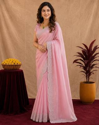 baby pink soft shimmer chiffon embroidery work designer saree with unstitched blouse piece 2