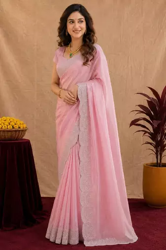 baby pink soft shimmer chiffon embroidery work designer saree with unstitched blouse piece