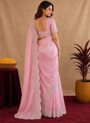 baby pink soft shimmer chiffon embroidery work designer saree with unstitched blouse piece 3