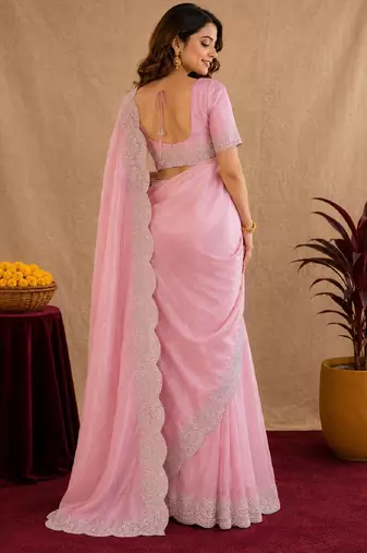baby pink soft shimmer chiffon embroidery work designer saree with unstitched blouse piece