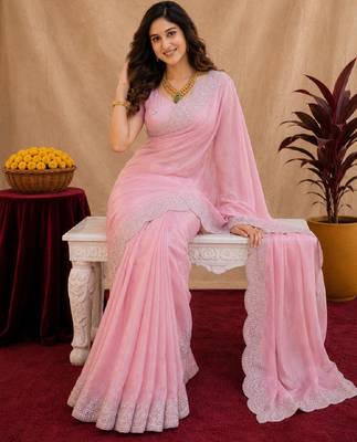 baby pink soft shimmer chiffon embroidery work designer saree with unstitched blouse piece 4