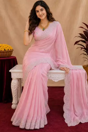 baby pink soft shimmer chiffon embroidery work designer saree with unstitched blouse piece