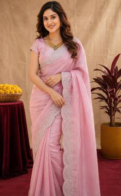 baby pink soft shimmer chiffon embroidery work designer saree with unstitched blouse piece 5
