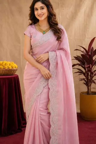 baby pink soft shimmer chiffon embroidery work designer saree with unstitched blouse piece