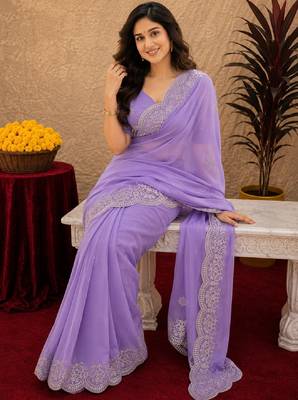 lavender soft shimmer chiffon embroidery work designer saree with unstitched blouse piece 1
