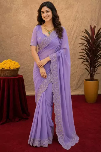 lavender soft shimmer chiffon embroidery work designer saree with unstitched blouse piece