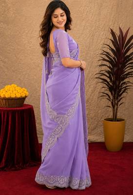 lavender soft shimmer chiffon embroidery work designer saree with unstitched blouse piece 3