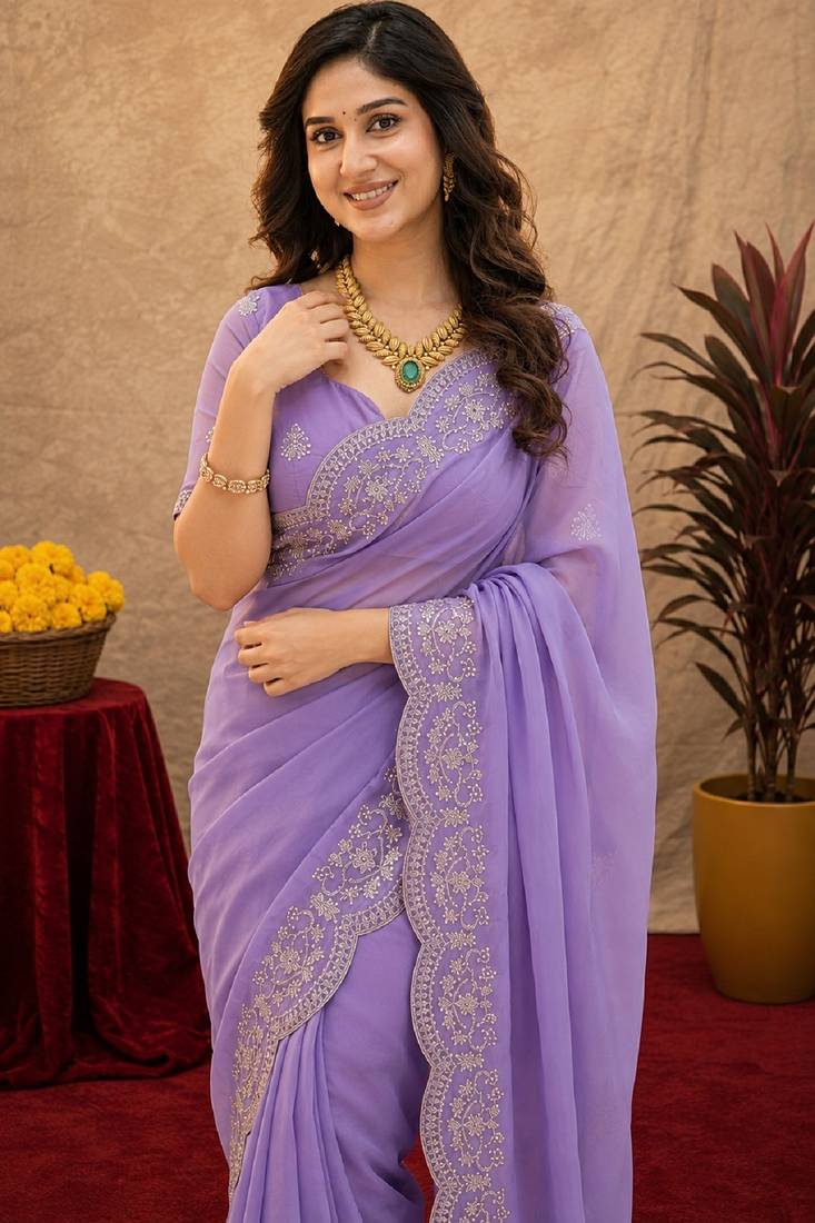 lavender soft shimmer chiffon embroidery work designer saree with unstitched blouse piece