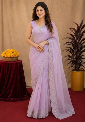 dusty lavender soft shimmer chiffon embroidery work designer saree with unstitched blouse piece 1
