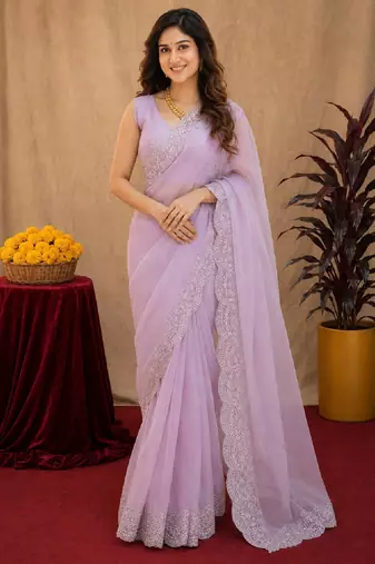dusty lavender soft shimmer chiffon embroidery work designer saree with unstitched blouse piece