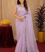 dusty lavender soft shimmer chiffon embroidery work designer saree with unstitched blouse piece