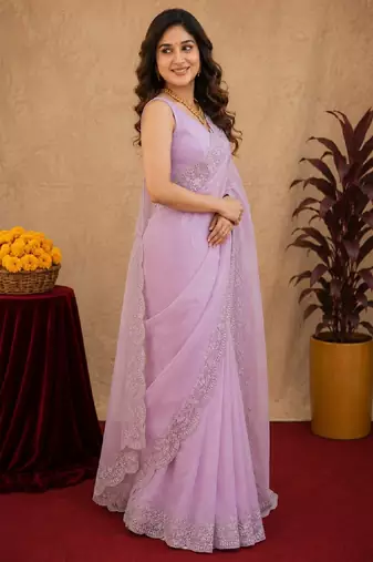 dusty lavender soft shimmer chiffon embroidery work designer saree with unstitched blouse piece