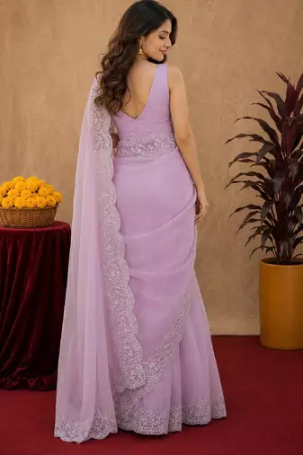 dusty lavender soft shimmer chiffon embroidery work designer saree with unstitched blouse piece