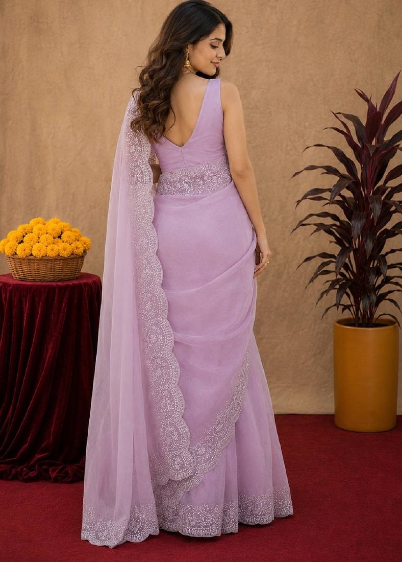 dusty lavender soft shimmer chiffon embroidery work designer saree with unstitched blouse piece