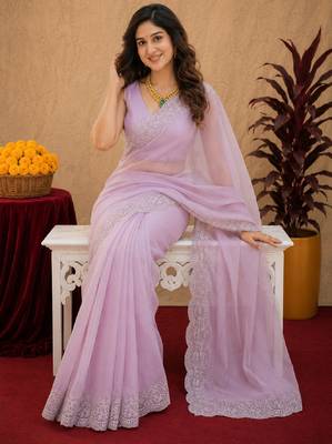 dusty lavender soft shimmer chiffon embroidery work designer saree with unstitched blouse piece 4