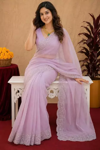 dusty lavender soft shimmer chiffon embroidery work designer saree with unstitched blouse piece