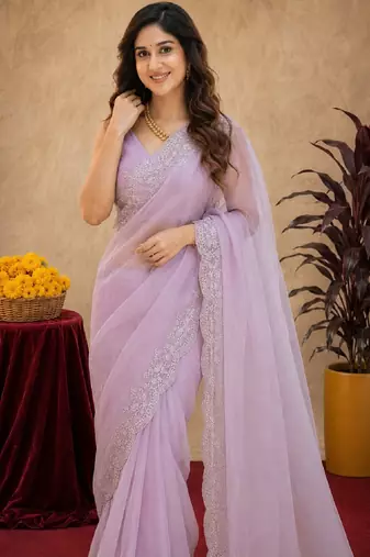 dusty lavender soft shimmer chiffon embroidery work designer saree with unstitched blouse piece