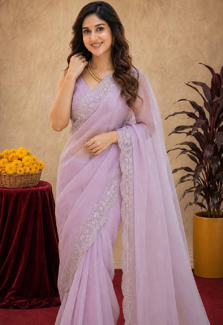 dusty lavender soft shimmer chiffon embroidery work designer saree with unstitched blouse piece