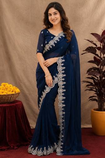 blue soft shimmer chiffon embroidery work designer saree with unstitched blouse piece
