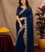blue soft shimmer chiffon embroidery work designer saree with unstitched blouse piece