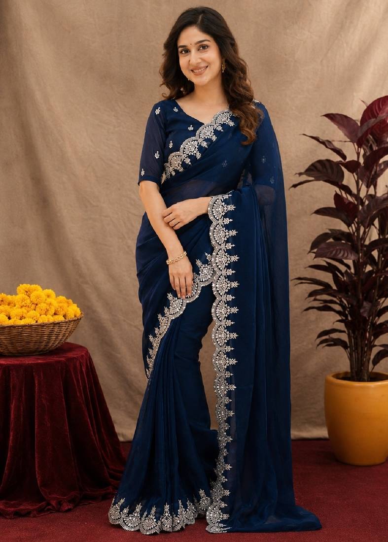 blue soft shimmer chiffon embroidery work designer saree with unstitched blouse piece