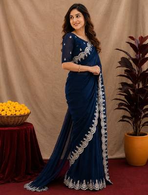 blue soft shimmer chiffon embroidery work designer saree with unstitched blouse piece 2