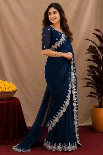 blue soft shimmer chiffon embroidery work designer saree with unstitched blouse piece