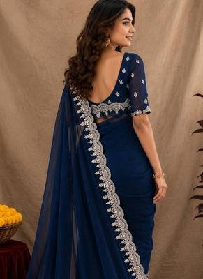 blue soft shimmer chiffon embroidery work designer saree with unstitched blouse piece 3